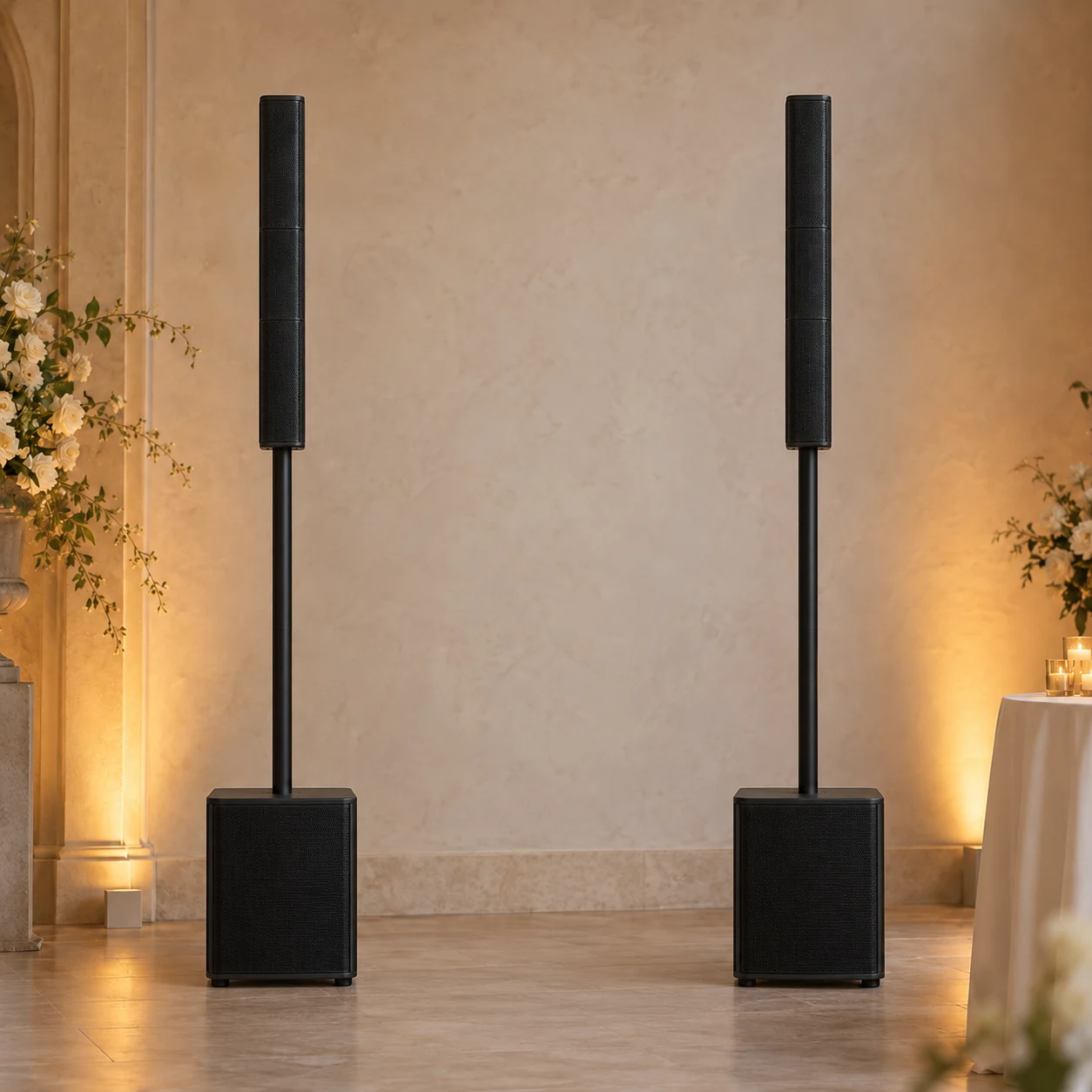 Two matching black powered column PA systems, each with a slim vertical speaker array and compact bass base.