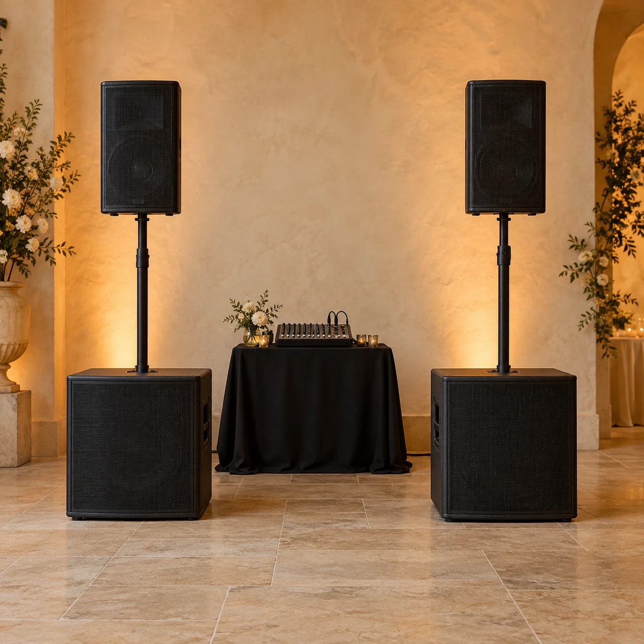 Full PA setup with two powered speaker tops mounted above two subwoofers.